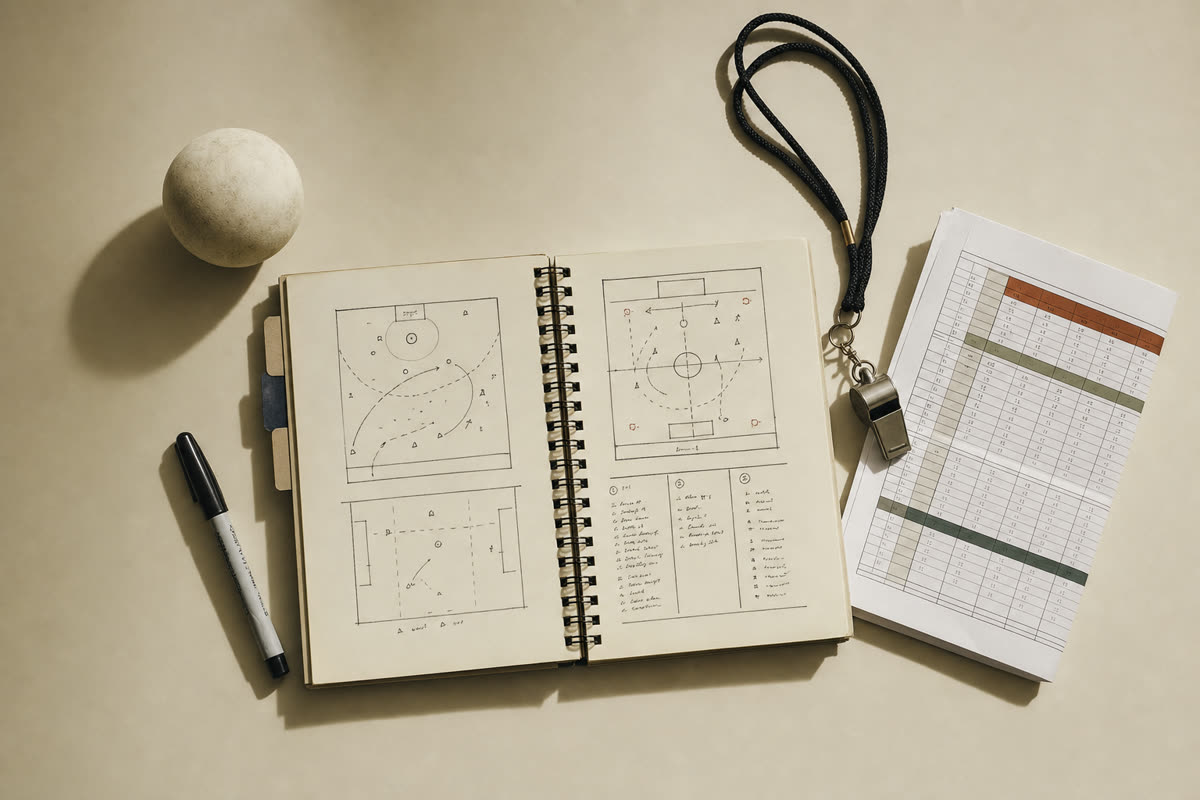 Overhead flat-lay of a coaching notebook with field diagrams, whistle, and printed schedule.