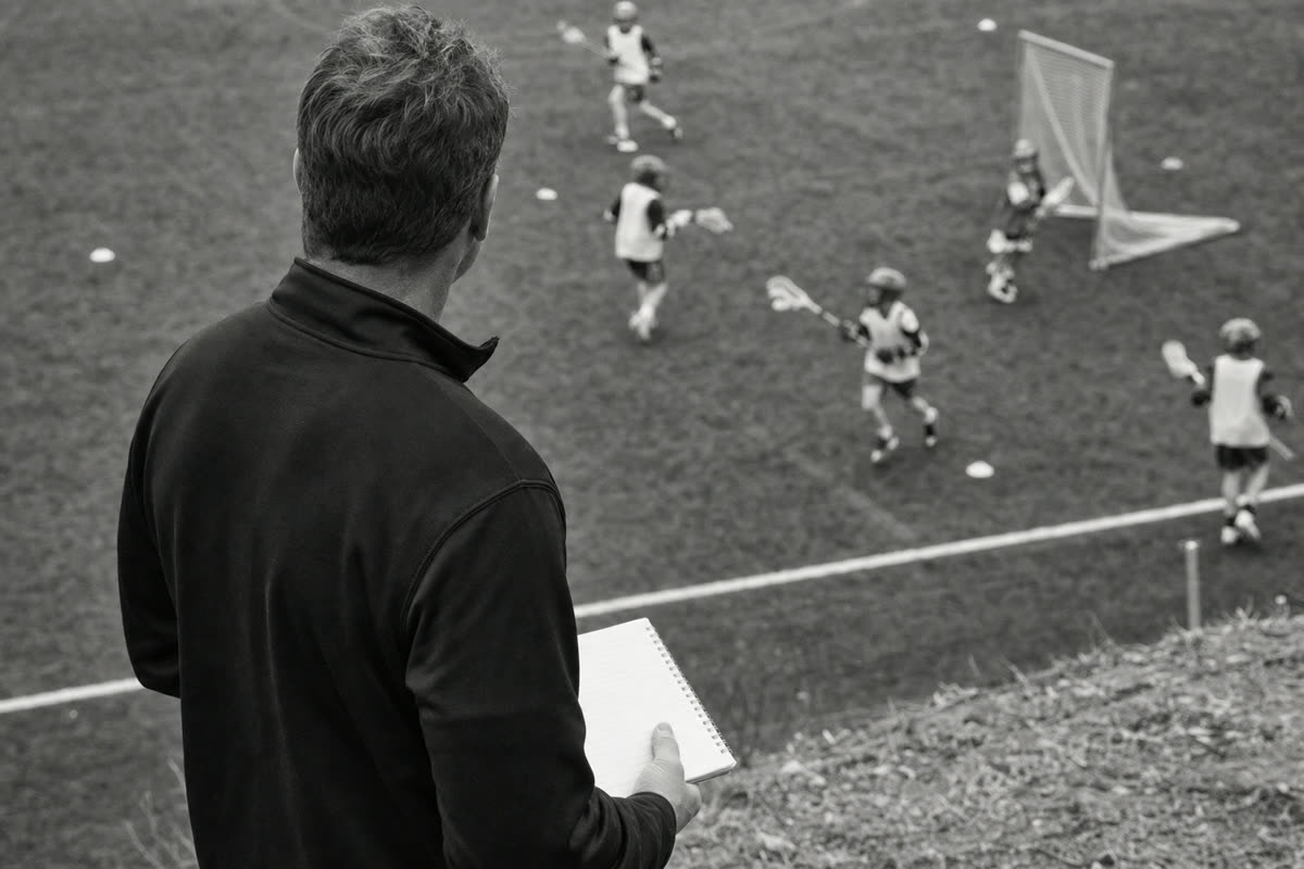 A youth lacrosse coach on the sideline watching a small-sided practice, notebook in hand.