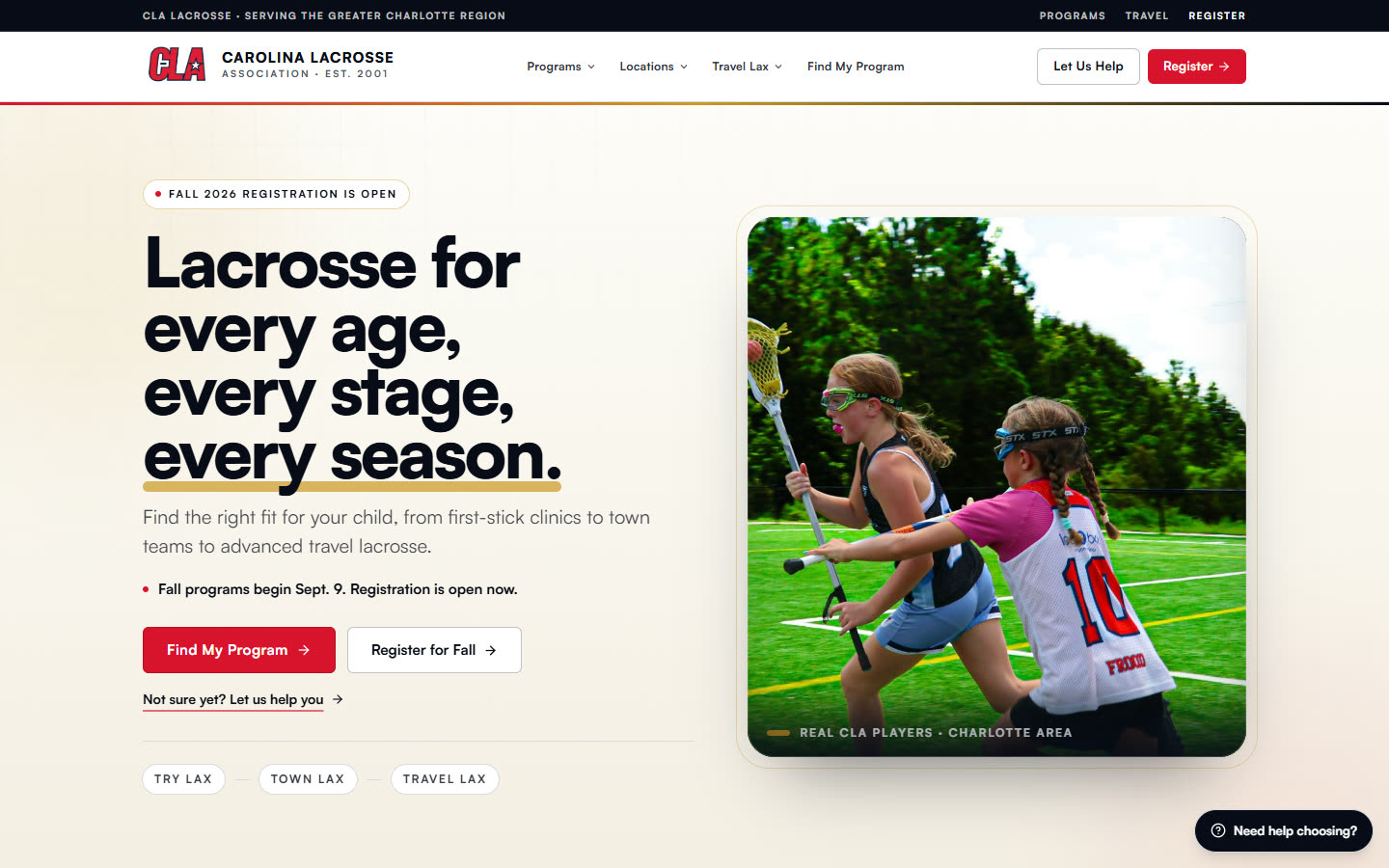 Carolina Lacrosse Association homepage — Lacrosse for every age, every stage, every season.