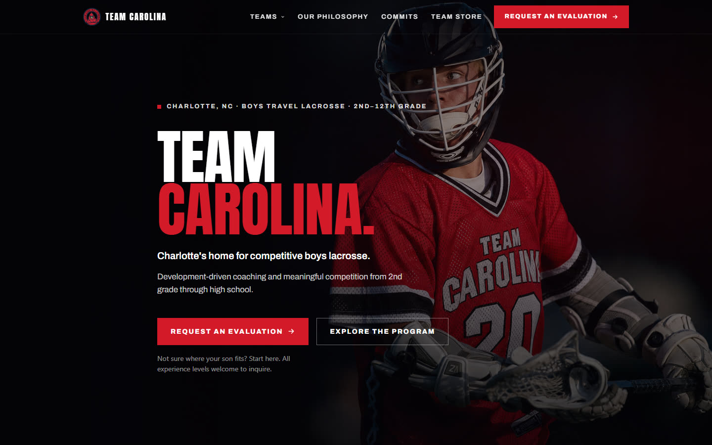 Team Carolina homepage — a red and black boys lacrosse program site.